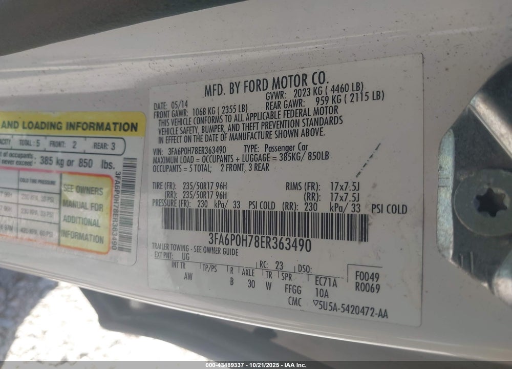 2014 FORD FUSION VIN: 3FA6P0H78ER363490