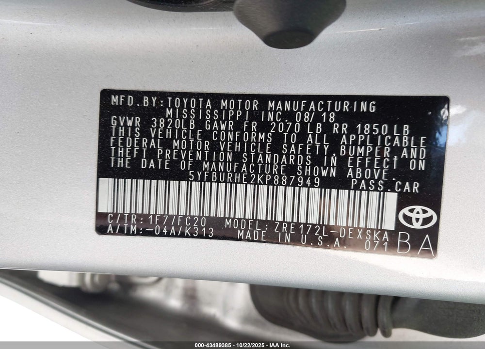 2019 TOYOTA COROLLA SE VIN: 5YFBURHE2KP887949