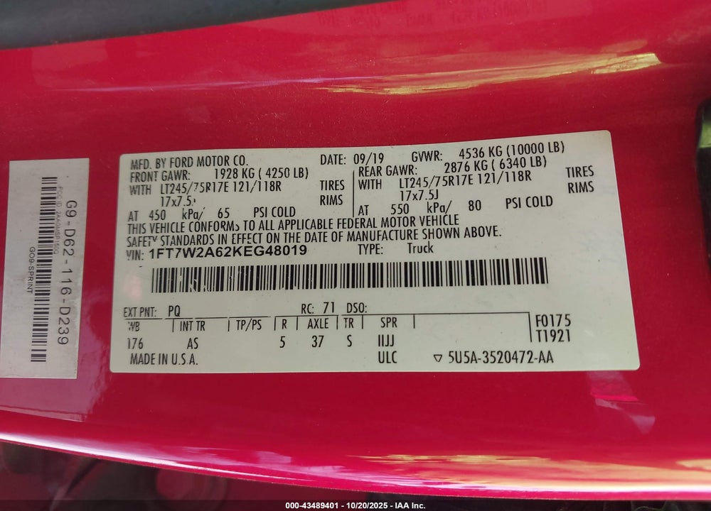 2019 FORD F-250 XL VIN: 1FT7W2A62KEG48019