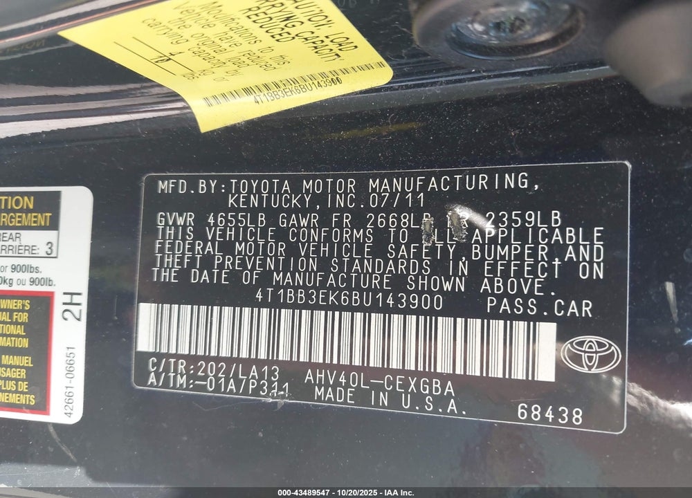 2011 TOYOTA CAMRY HYBRID VIN: 4T1BB3EK6BU143900