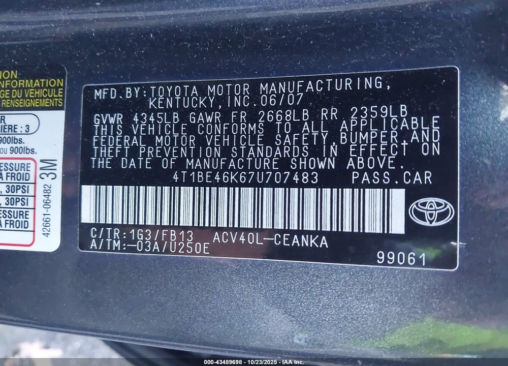 2007 TOYOTA CAMRY LE VIN: 4T1BE46K67U707483