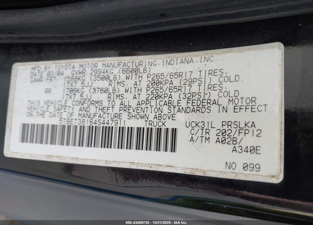 2004 TOYOTA TUNDRA VIN: 5TBET38164S447911