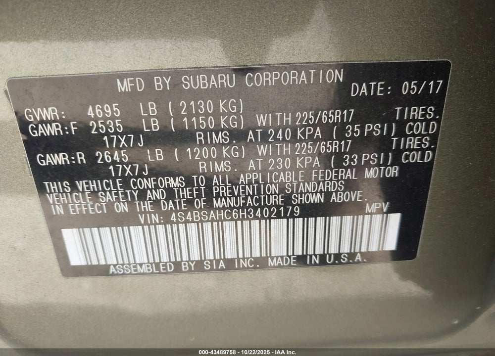 2017 SUBARU OUTBACK VIN: 4S4BSAHC6H3402179