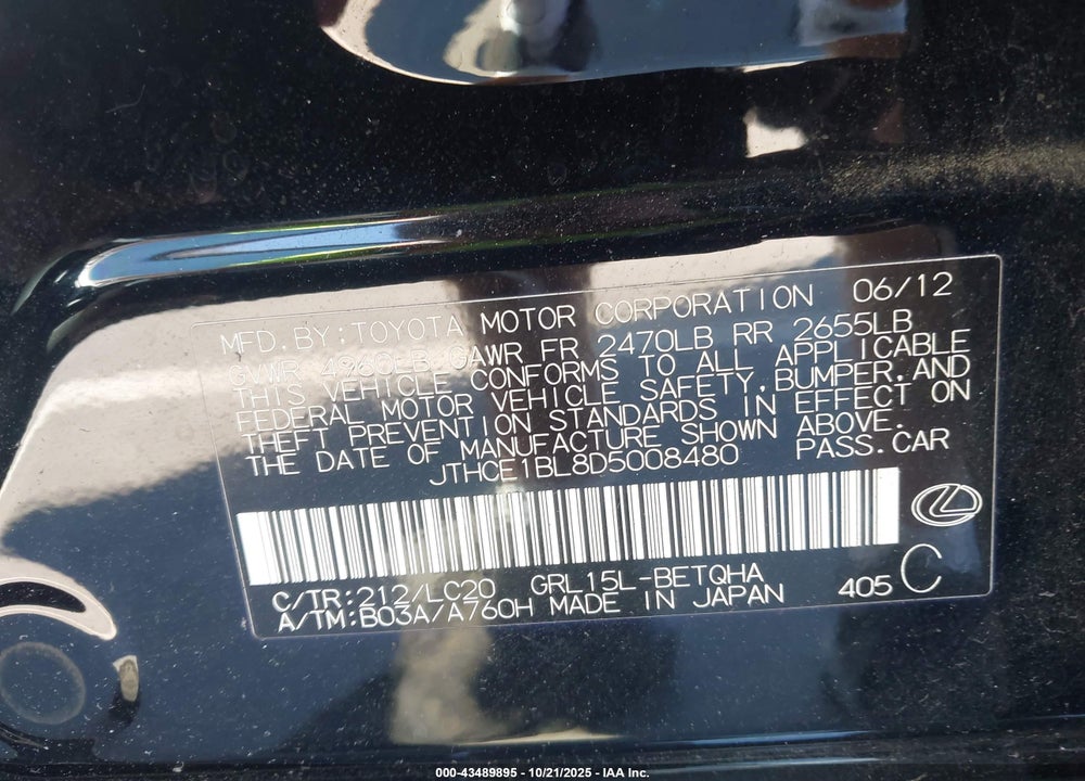 2013 LEXUS GS 350 VIN: JTHCE1BL8D5008480