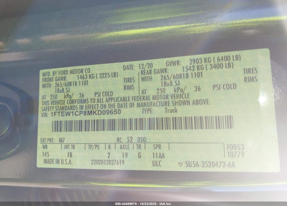 2021 FORD F-150 XLT VIN: 1FTEW1CP8MKD09650