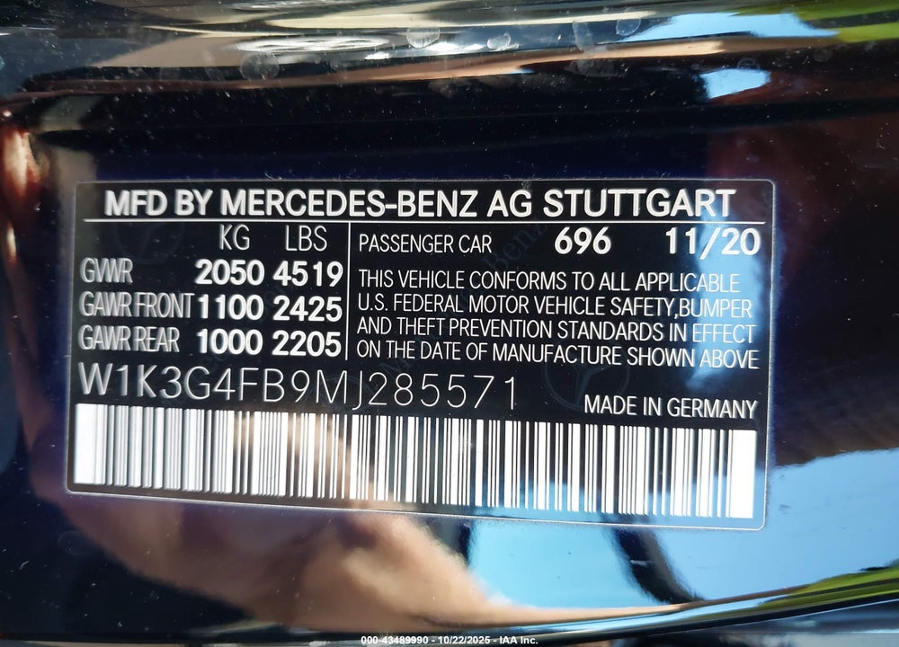 2021 MERCEDES-BENZ A-CLASS VIN: W1K3G4FB9MJ285571