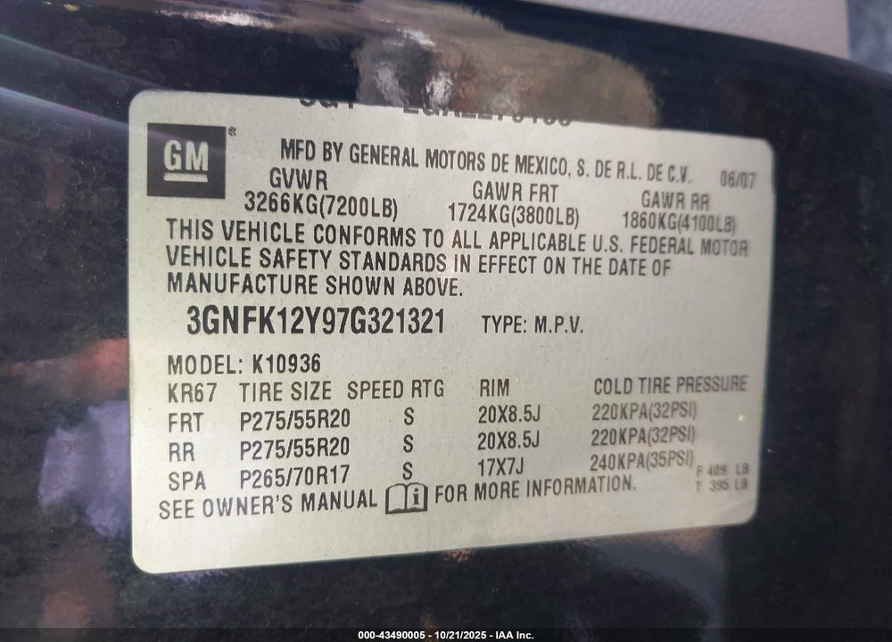 2007 CHEVROLET AVALANCHE 1500 LTZ VIN: 3GNFK12Y97G321321