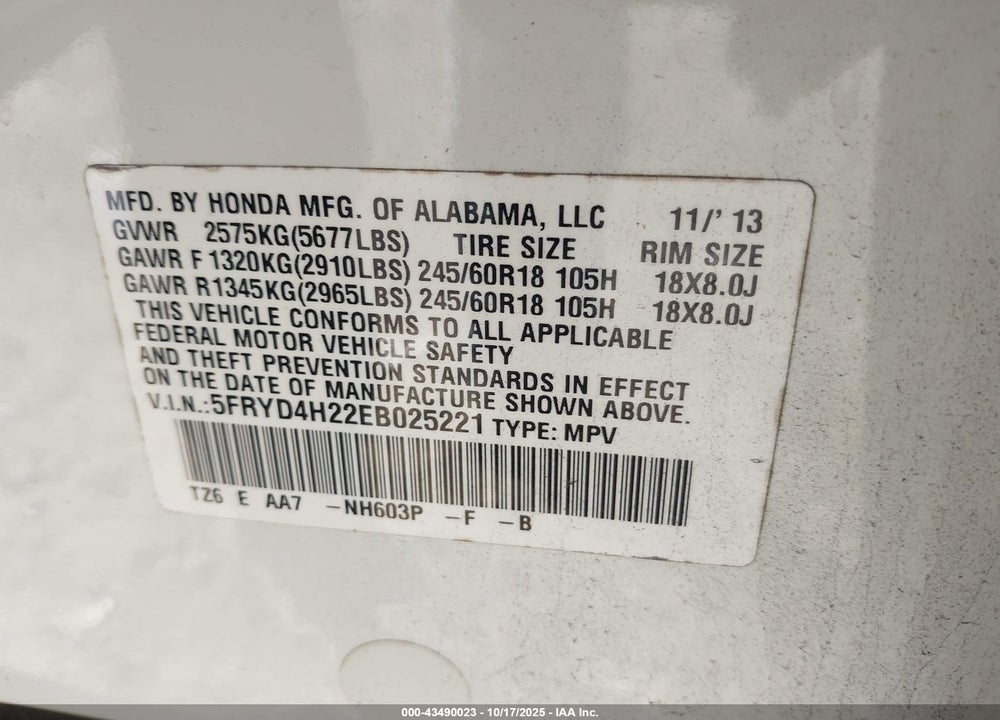 2014 ACURA MDX VIN: 5FRYD4H22EB025221