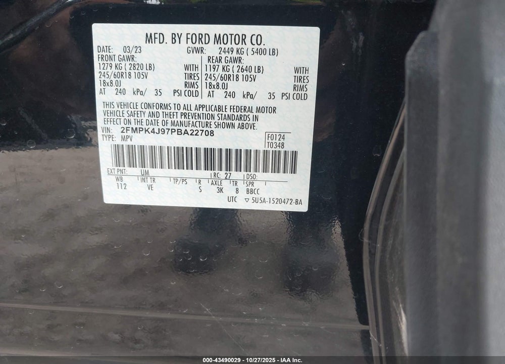 2023 FORD EDGE SEL VIN: 2FMPK4J97PBA22708