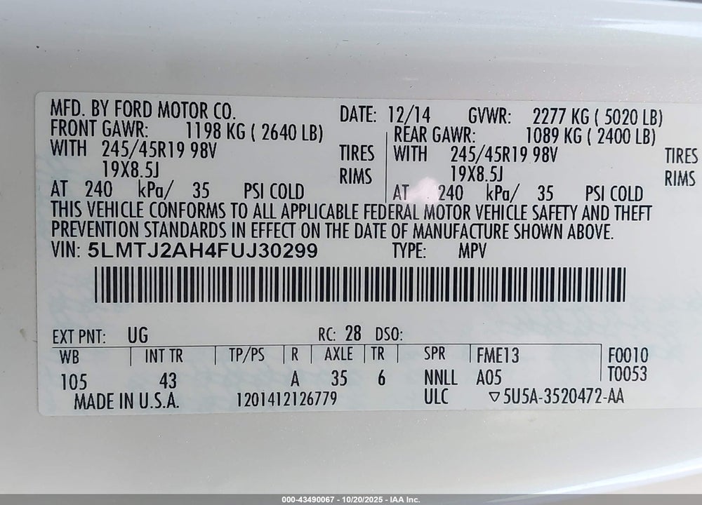 2015 LINCOLN MKC VIN: 5LMTJ2AH4FUJ30299