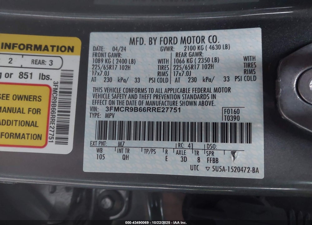 2024 FORD BRONCO SPORT BIG BEND VIN: 3FMCR9B66RRE27751