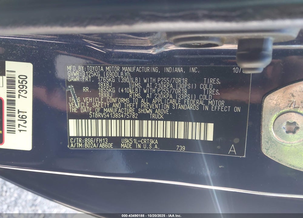 2008 TOYOTA TUNDRA VIN: 5TBRV54138S475782