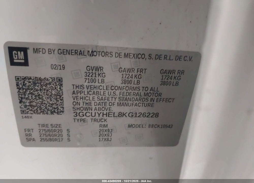 2019 CHEVROLET SILVERADO 1500 HIGH COUNTRY VIN: 3GCUYHEL8KG126228