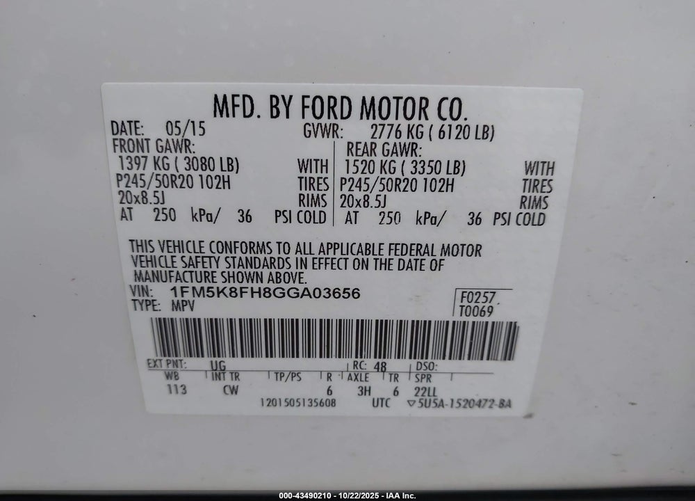2016 FORD EXPLORER VIN: 1FM5K8FH8GGA03656