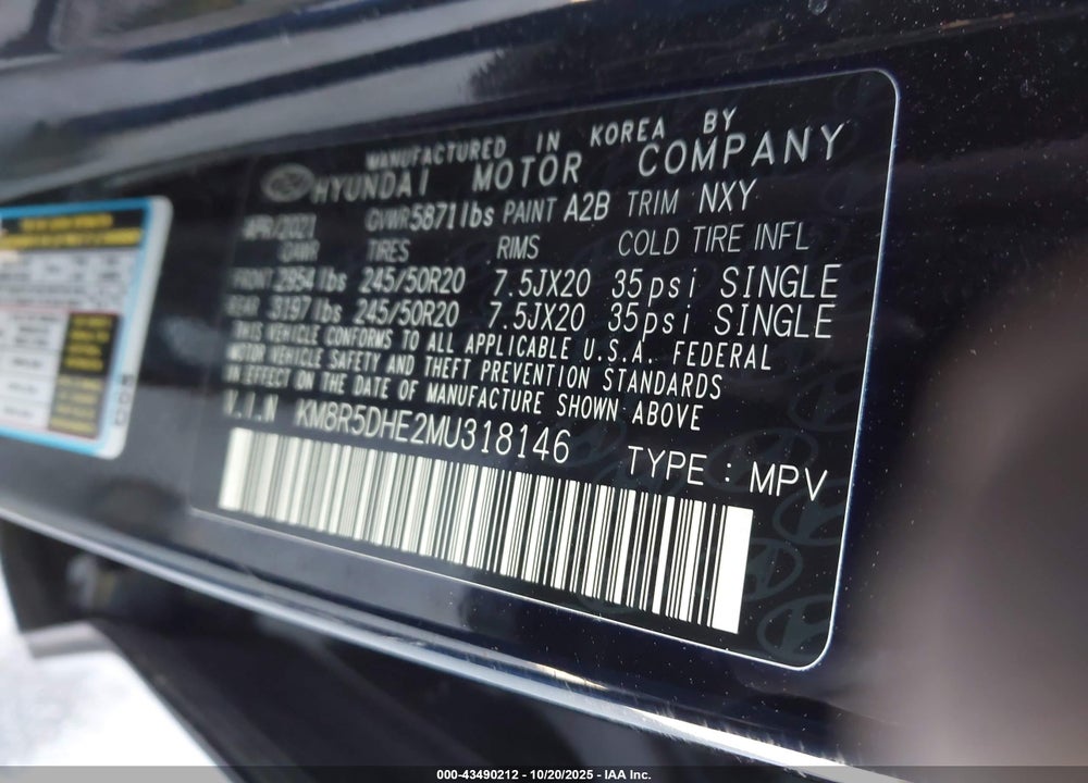 2021 HYUNDAI PALISADE VIN: KM8R5DHE2MU318146