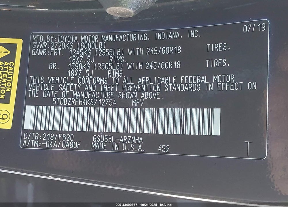 2019 TOYOTA HIGHLANDER VIN: 5TDBZRFH4KS712754