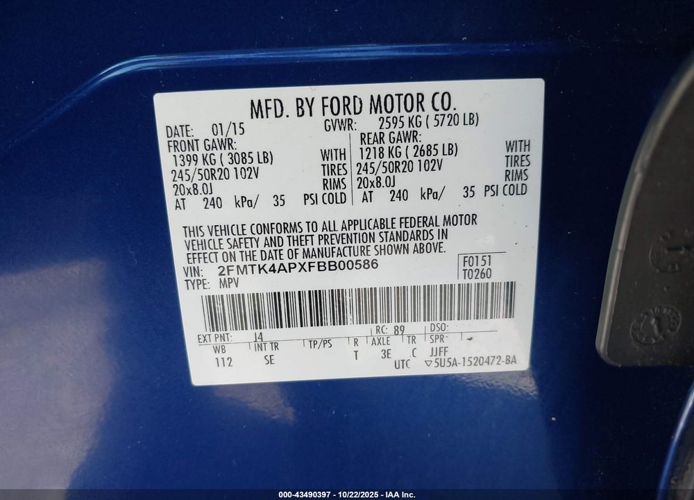 2015 FORD EDGE VIN: 2FMTK4APXFBB00586