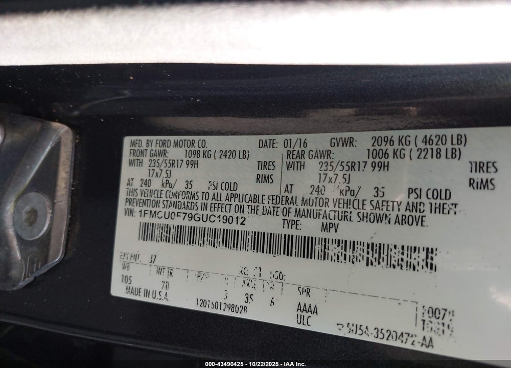 2016 FORD ESCAPE S VIN: 1FMCU0F79GUC19012