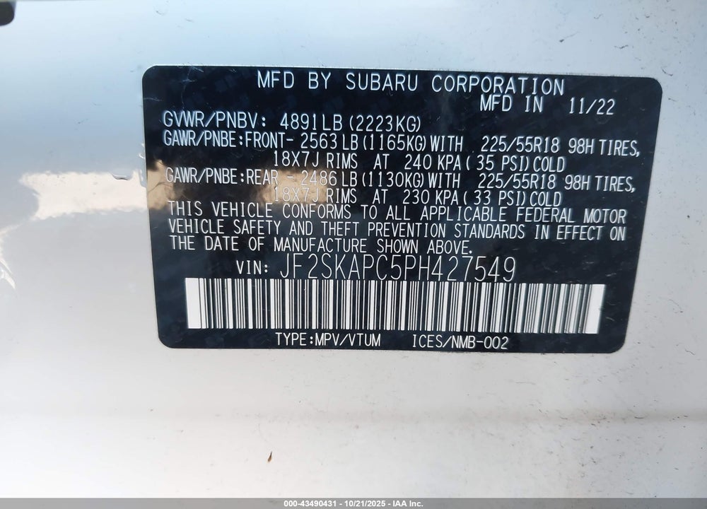 2023 SUBARU FORESTER LIMITED VIN: JF2SKAPC5PH427549