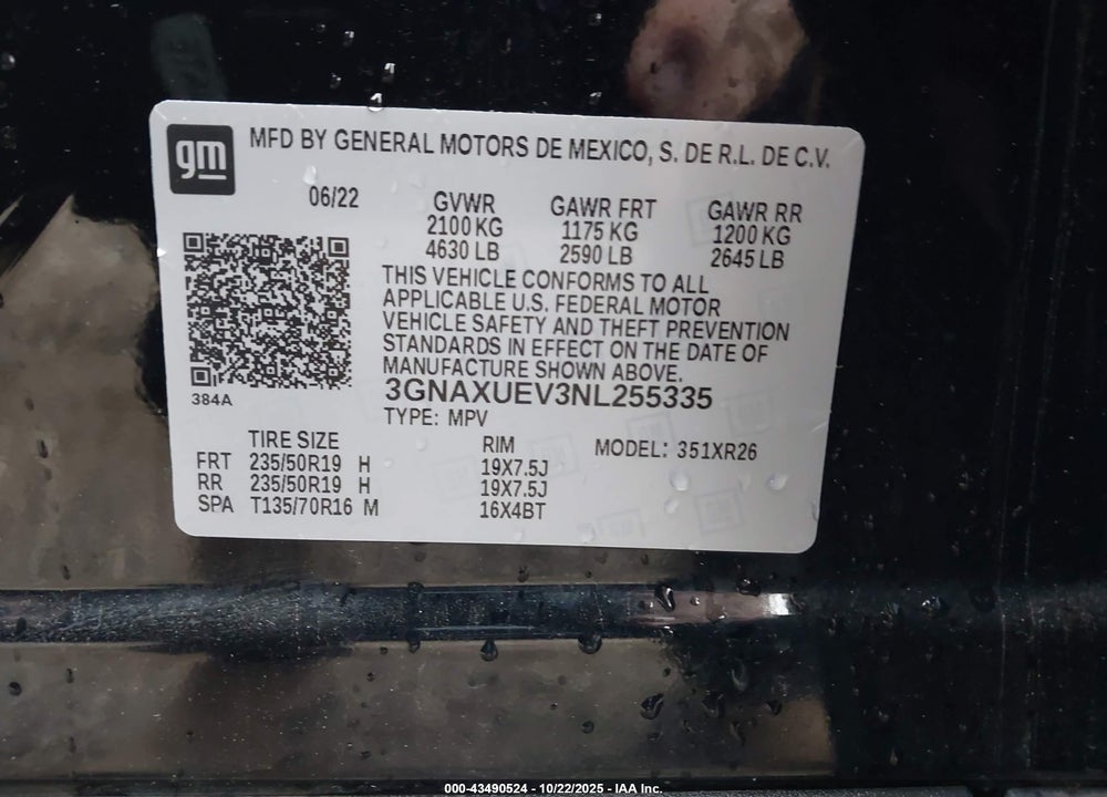 2022 CHEVROLET EQUINOX VIN: 3GNAXUEV3NL255335