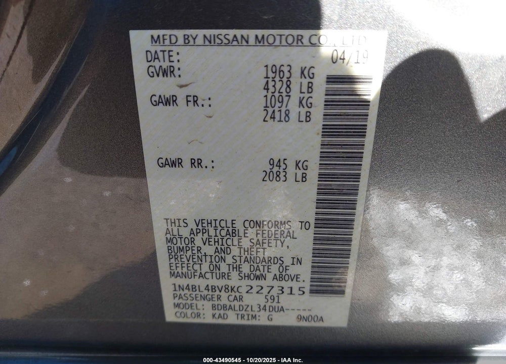 2019 NISSAN ALTIMA 2.5 S VIN: 1N4BL4BV8KC227315
