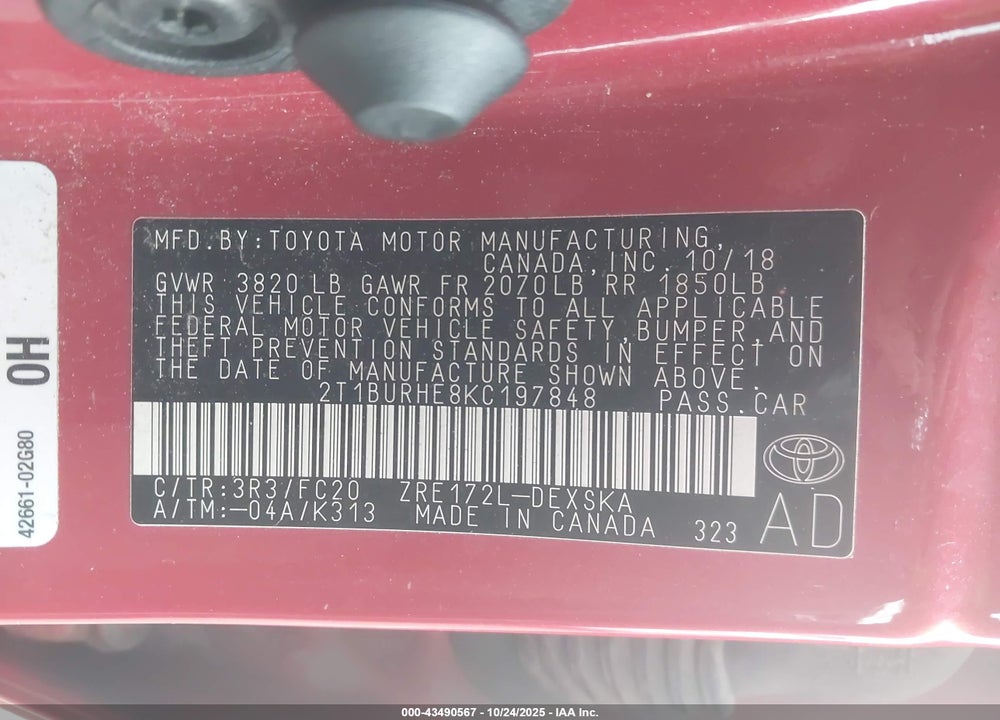 2019 TOYOTA COROLLA VIN: 2T1BURHE8KC197848