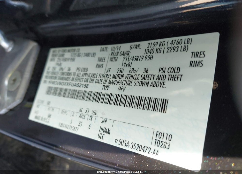 2015 FORD ESCAPE VIN: 1FMCU9GXXFUA52158