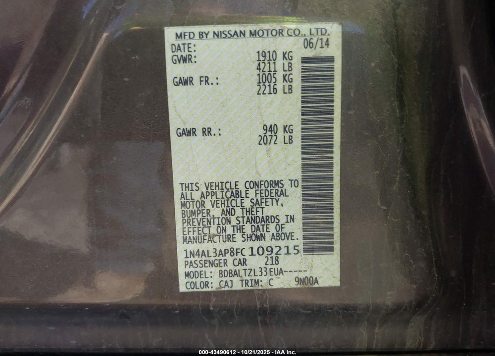 2015 NISSAN ALTIMA 2.5/2.5 S/2.5 SL/2.5 SV VIN: 1N4AL3AP8FC109215