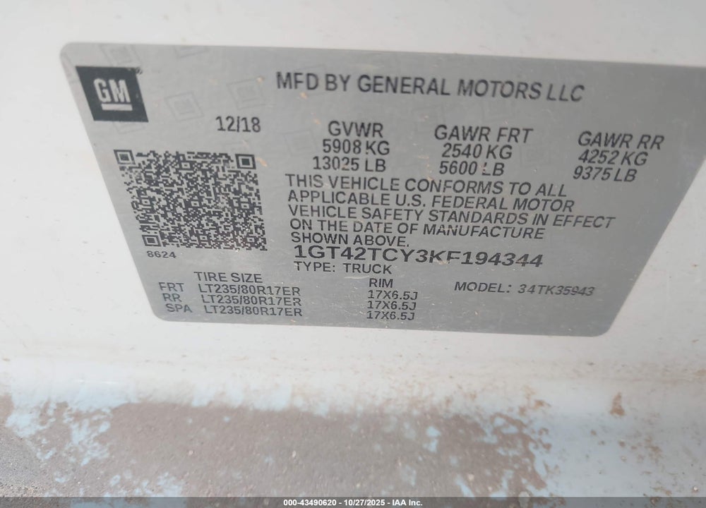2019 GMC SIERRA 3500HD VIN: 1GT42TCY3KF194344