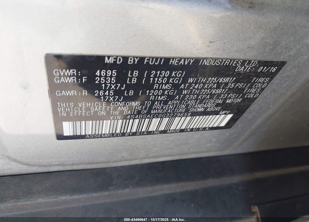 2016 SUBARU OUTBACK 2.5I PREMIUM VIN: 4S4BSAEC0G3279658