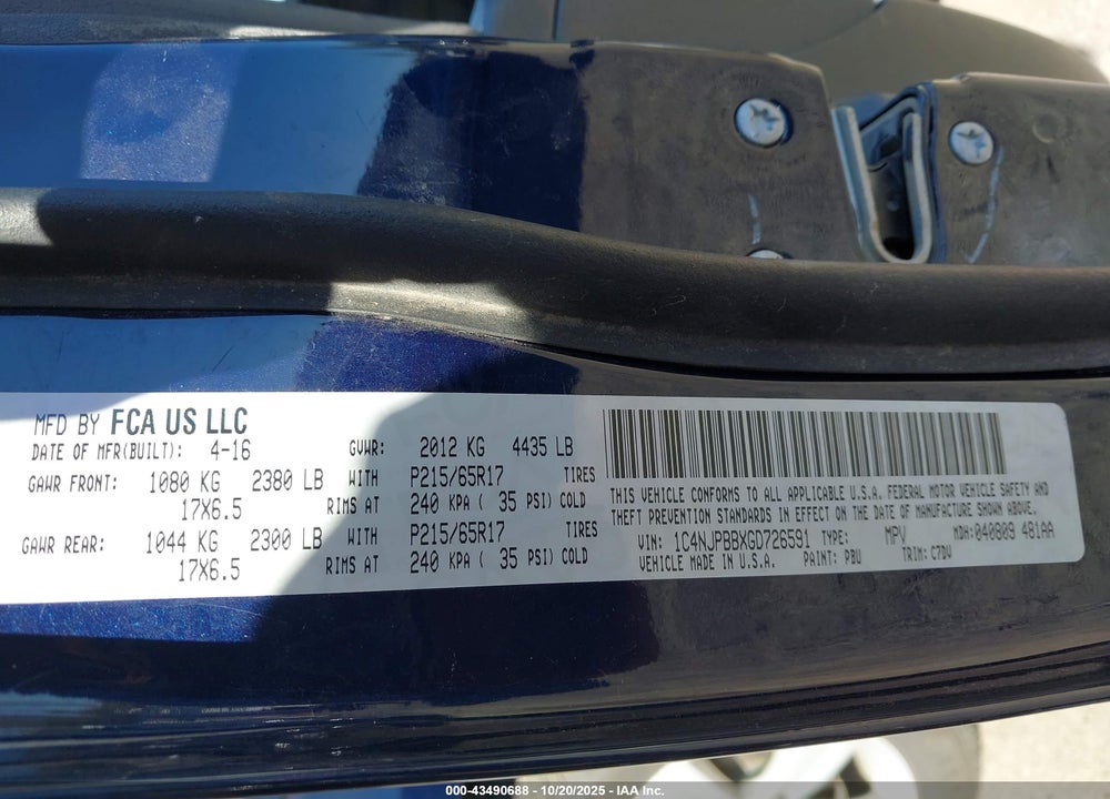 2016 JEEP PATRIOT SPORT VIN: 1C4NJPBBXGD726591