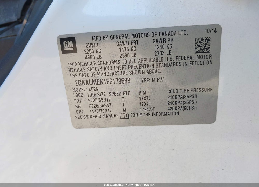 2015 GMC TERRAIN SLE-1 VIN: 2GKALMEK1F6179683