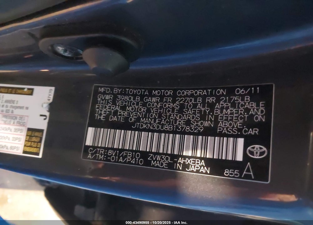 2011 TOYOTA PRIUS TWO VIN: JTDKN3DU8B1378329