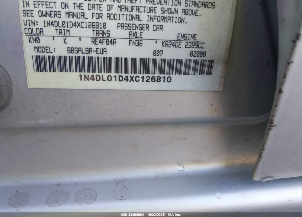 1999 NISSAN ALTIMA GLE/GXE/SE/SE-L/XE VIN: 1N4DL01D4XC126810
