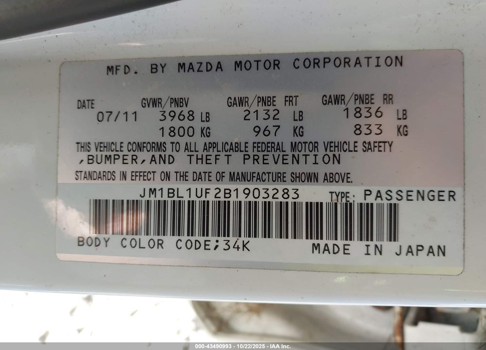 2011 MAZDA 3 I SPORT VIN: JM1BL1UF2B1903283