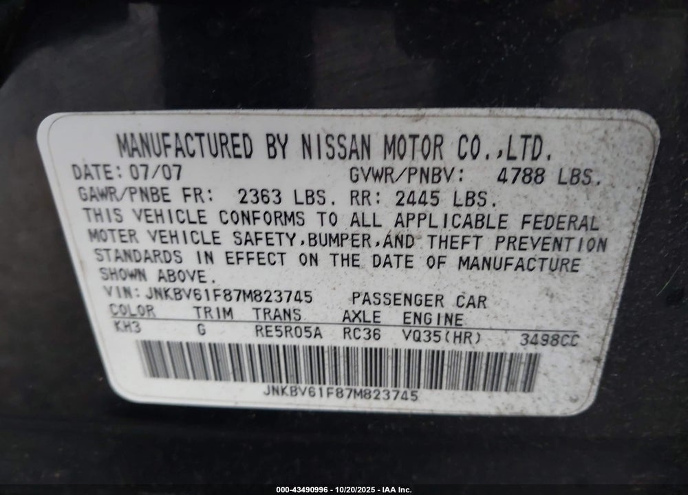 2007 INFINITI G35 VIN: JNKBV61F87M823745