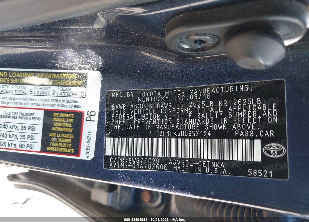 2017 TOYOTA CAMRY LE VIN: 4T1BF1FK5HU657124