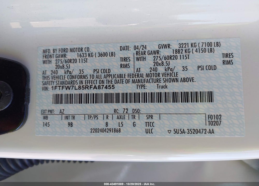 2024 FORD F-150 PLATINUM VIN: 1FTFW7L85RFA87455
