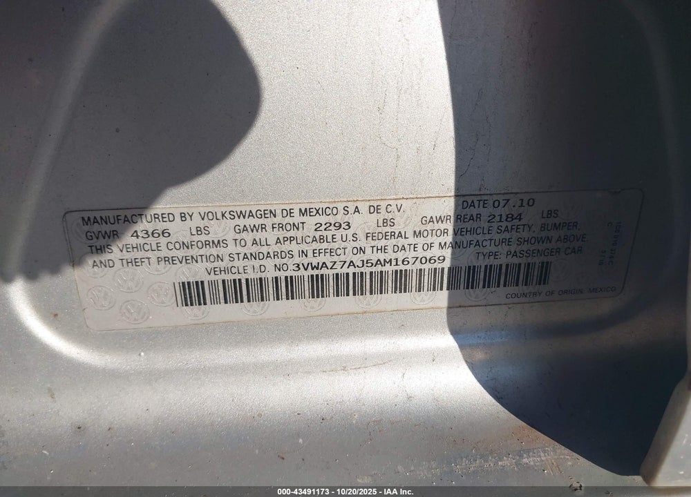 2010 VOLKSWAGEN JETTA VIN: 3VWAZ7AJ5AM167069