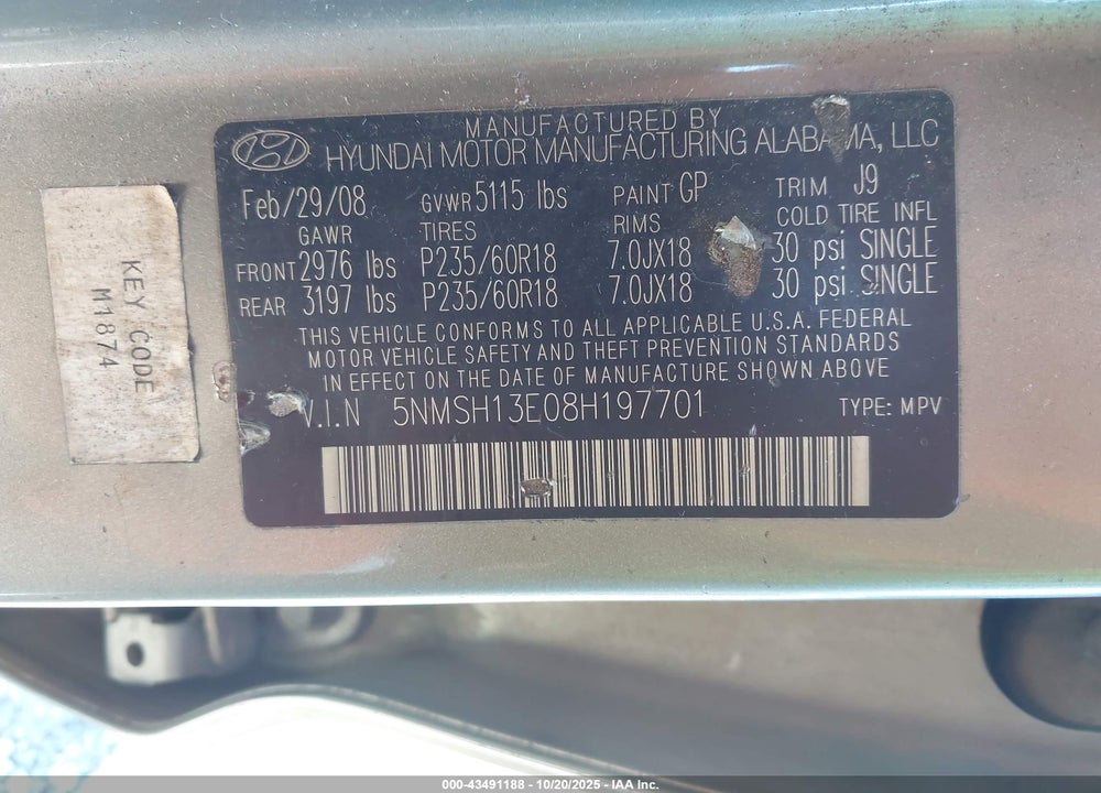 2008 HYUNDAI SANTA FE LIMITED/SE VIN: 5NMSH13E08H197701