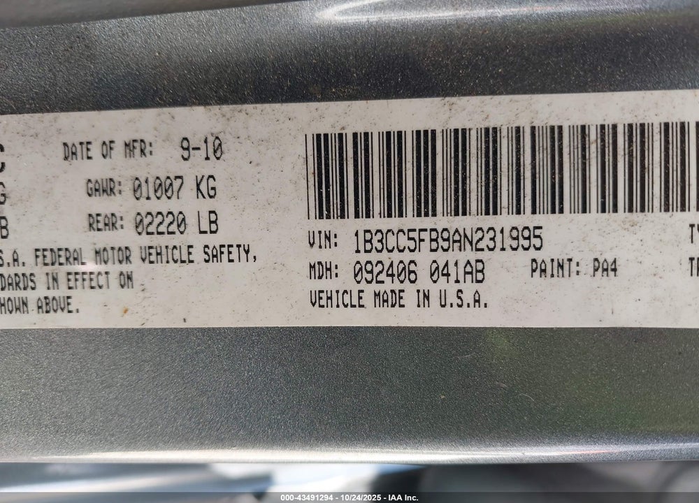 2010 DODGE AVENGER VIN: 1B3CC5FB9AN231995