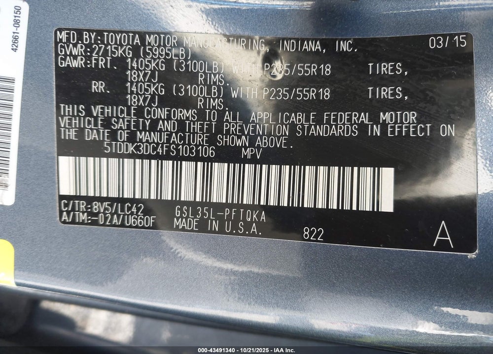2015 TOYOTA SIENNA XLE 7 PASSENGER VIN: 5TDDK3DC4FS103106