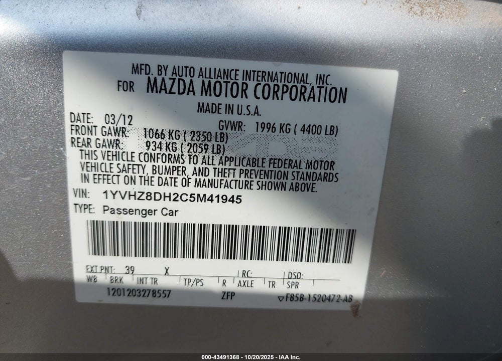 2012 MAZDA 6 VIN: 1YVHZ8DH2C5M41945