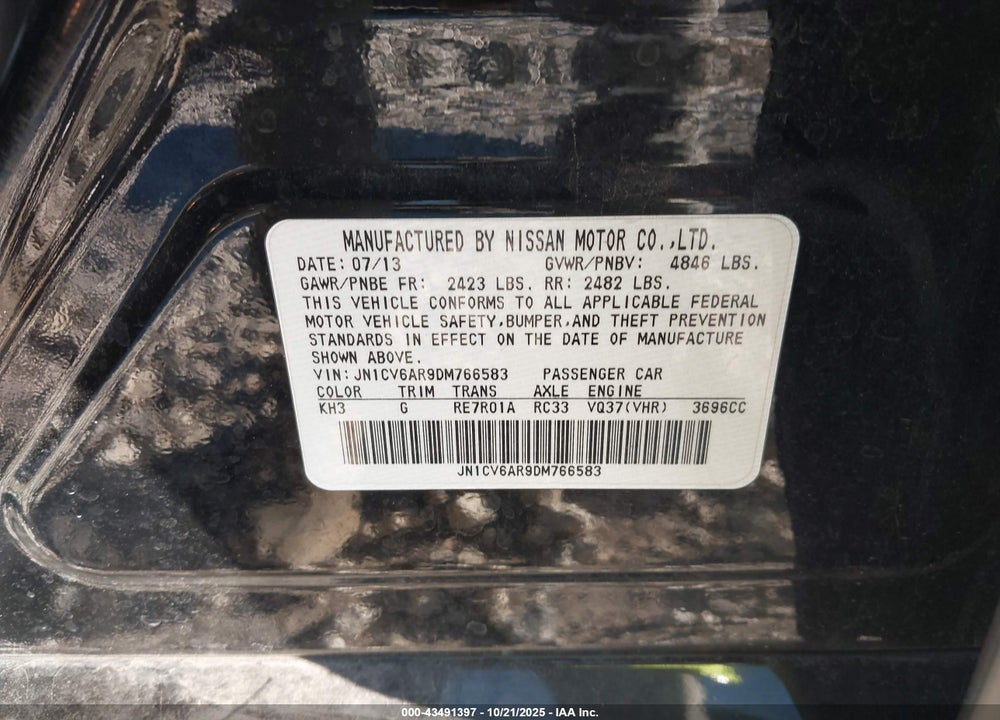 2013 INFINITI G37X VIN: JN1CV6AR9DM766583