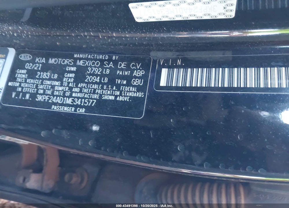 2021 KIA FORTE LXS VIN: 3KPF24AD1ME341577
