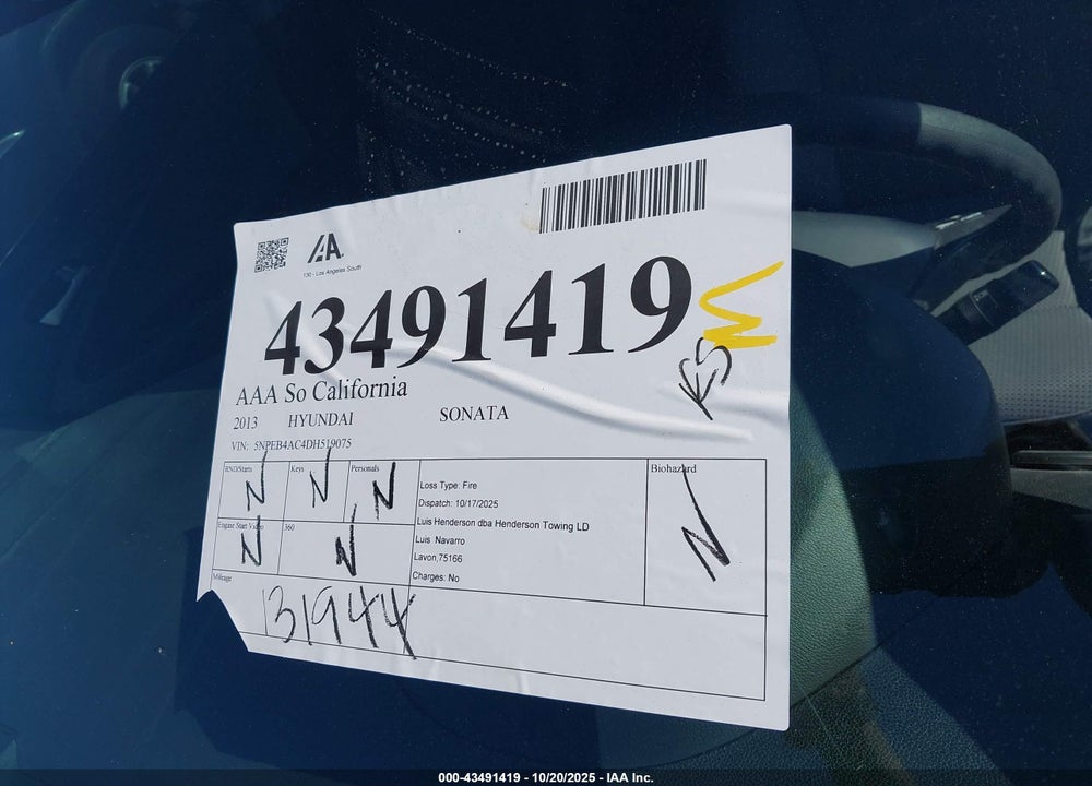 2013 HYUNDAI SONATA GLS VIN: 5NPEB4AC4DH519075