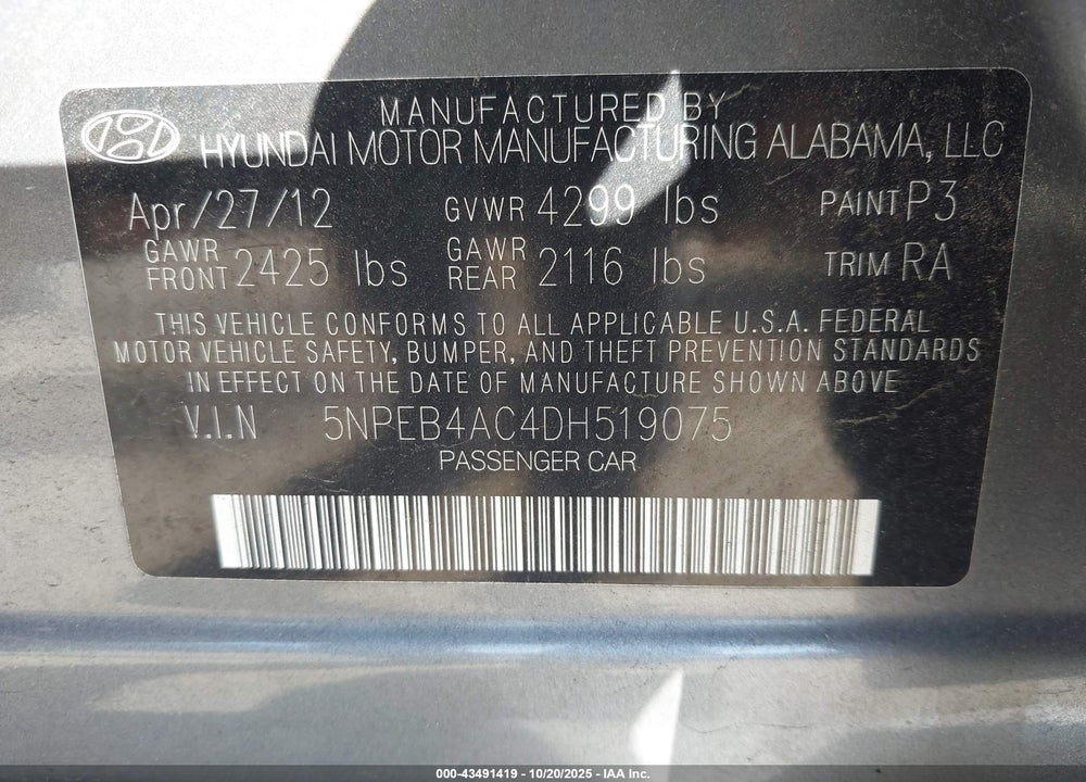 2013 HYUNDAI SONATA GLS VIN: 5NPEB4AC4DH519075