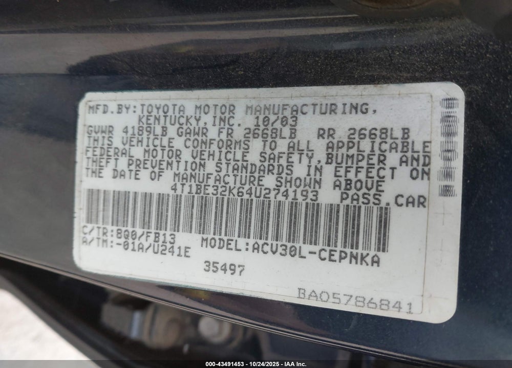 2004 TOYOTA CAMRY LE VIN: 4T1BE32K64U274193