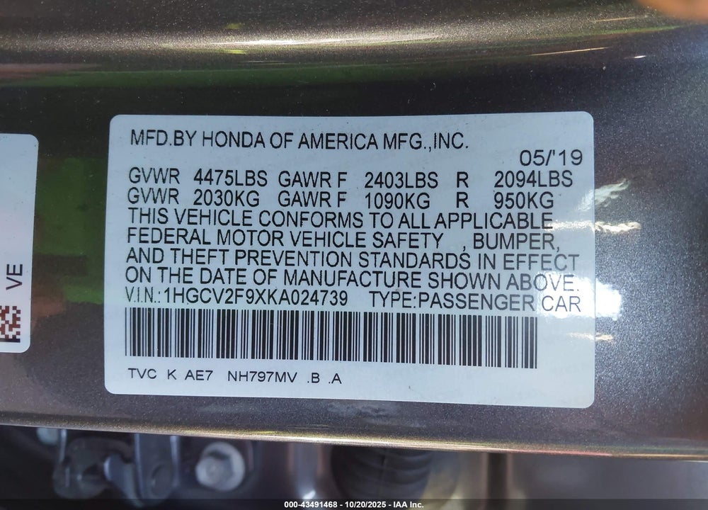 2019 HONDA ACCORD TOURING 2.0T VIN: 1HGCV2F9XKA024739