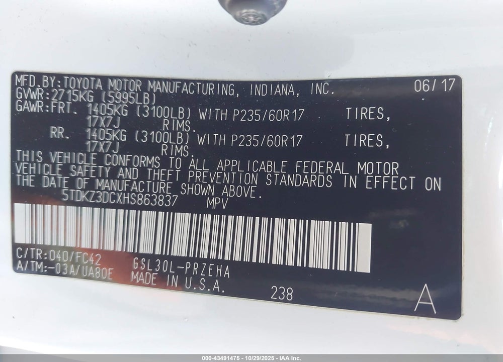 2017 TOYOTA SIENNA LE 8 PASSENGER VIN: 5TDKZ3DCXHS863837